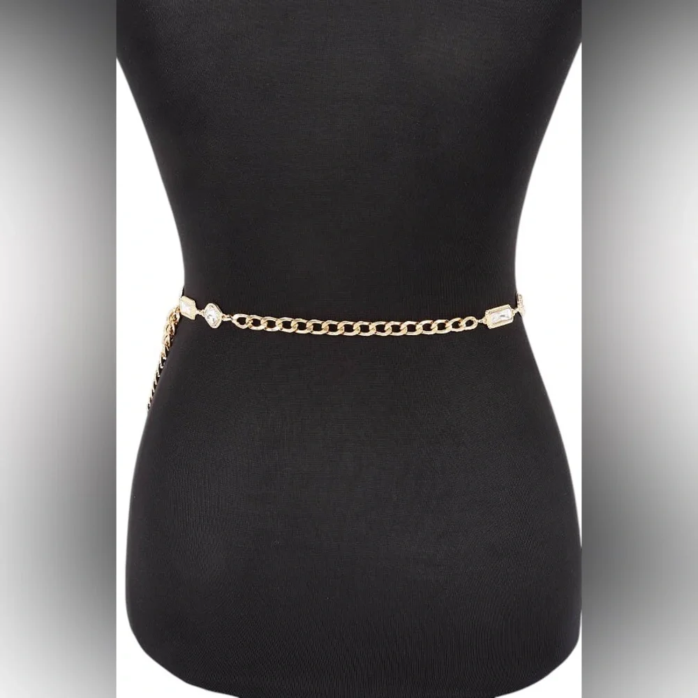 Gold or Silver Metal Rhinestone Chain Statement Belt